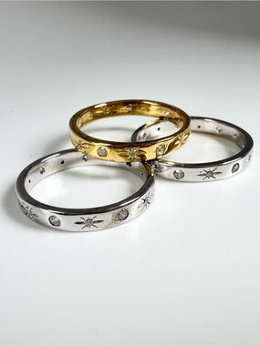 Set of 3 Stackable Star CZ Rings - Gold & Rhodium Plated